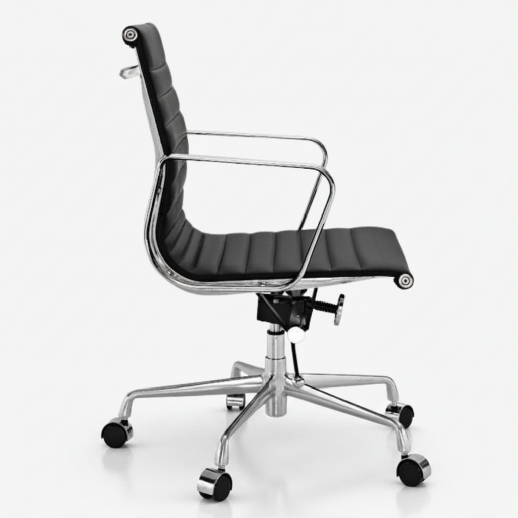 A modern office chair with a black padded seat and backrest, supported by a chrome five-star base with casters, shown on a light gray background.