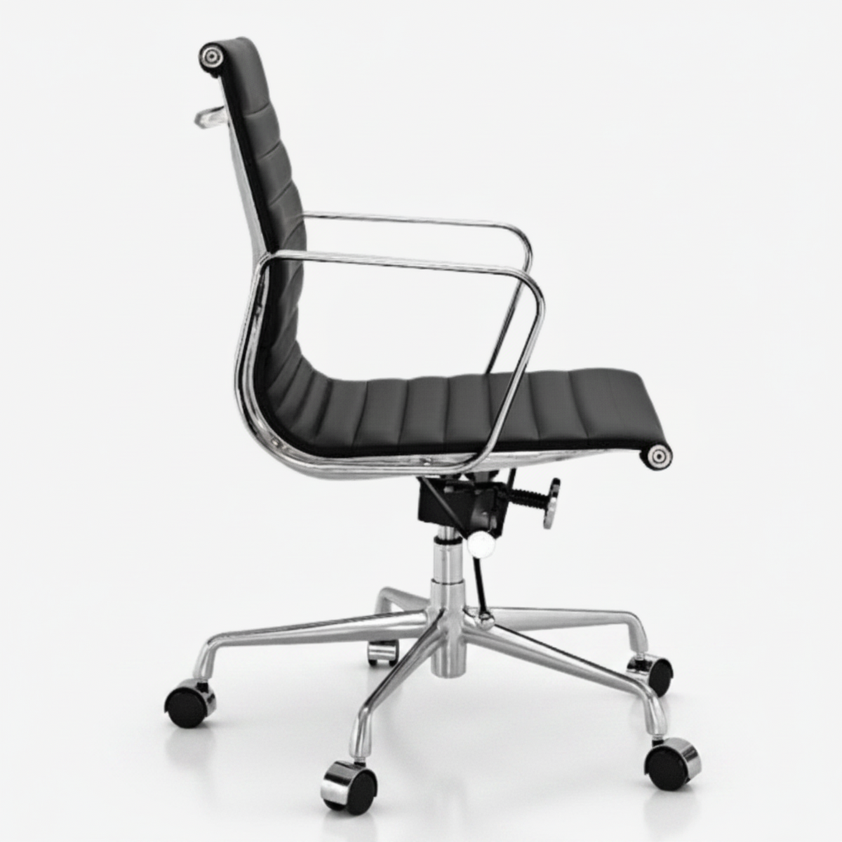 A modern office chair with a black padded seat and backrest, supported by a chrome five-star base with casters, shown on a light gray background.