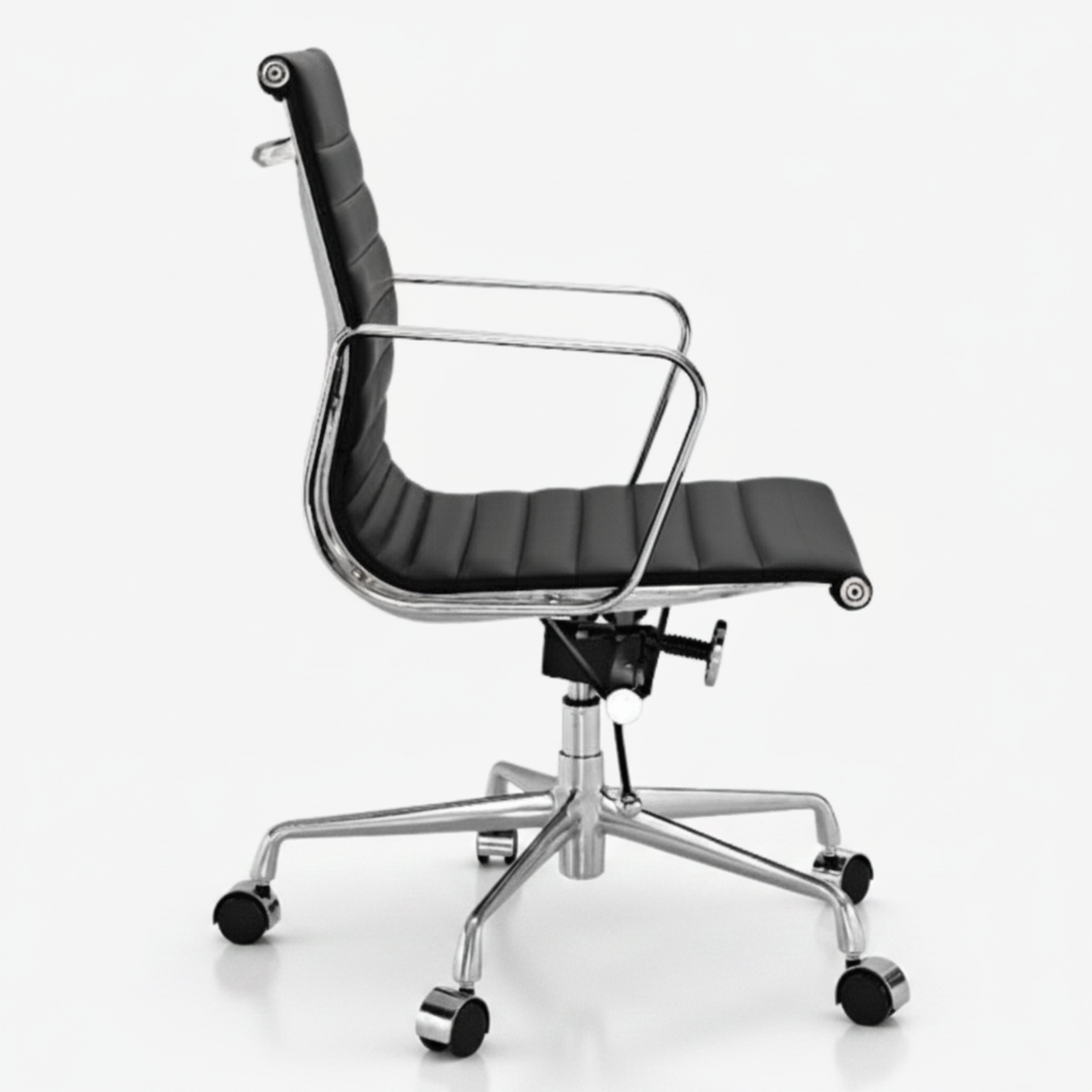 A modern office chair with a black padded seat and backrest, supported by a chrome five-star base with casters, shown on a light gray background.