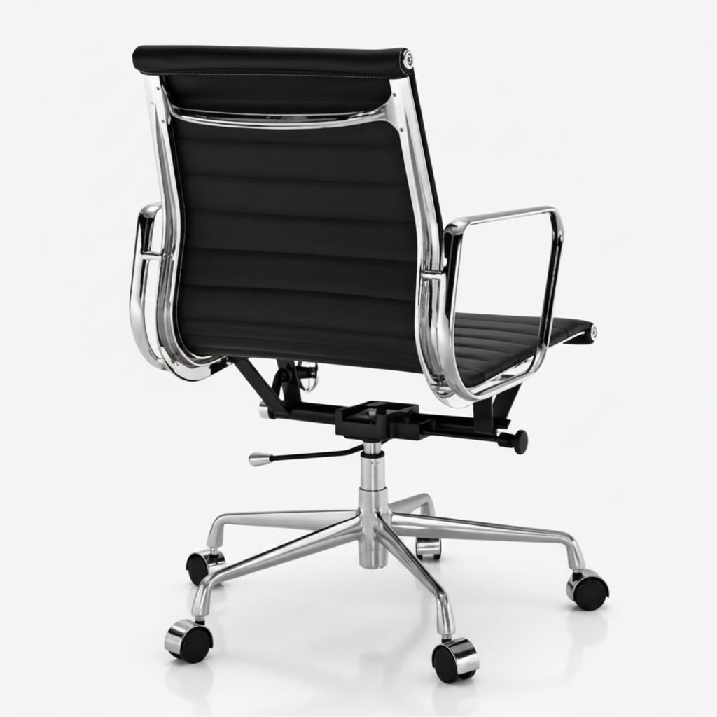 A modern black office chair with a ribbed high-back seat and backrest, featuring a polished chrome five-star base with casters.
