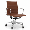 A modern office chair with a brown faux-leather seat and backrest, featuring chrome metal armrests