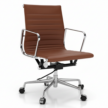 A modern office chair with a brown faux-leather seat and backrest, featuring chrome metal armrests