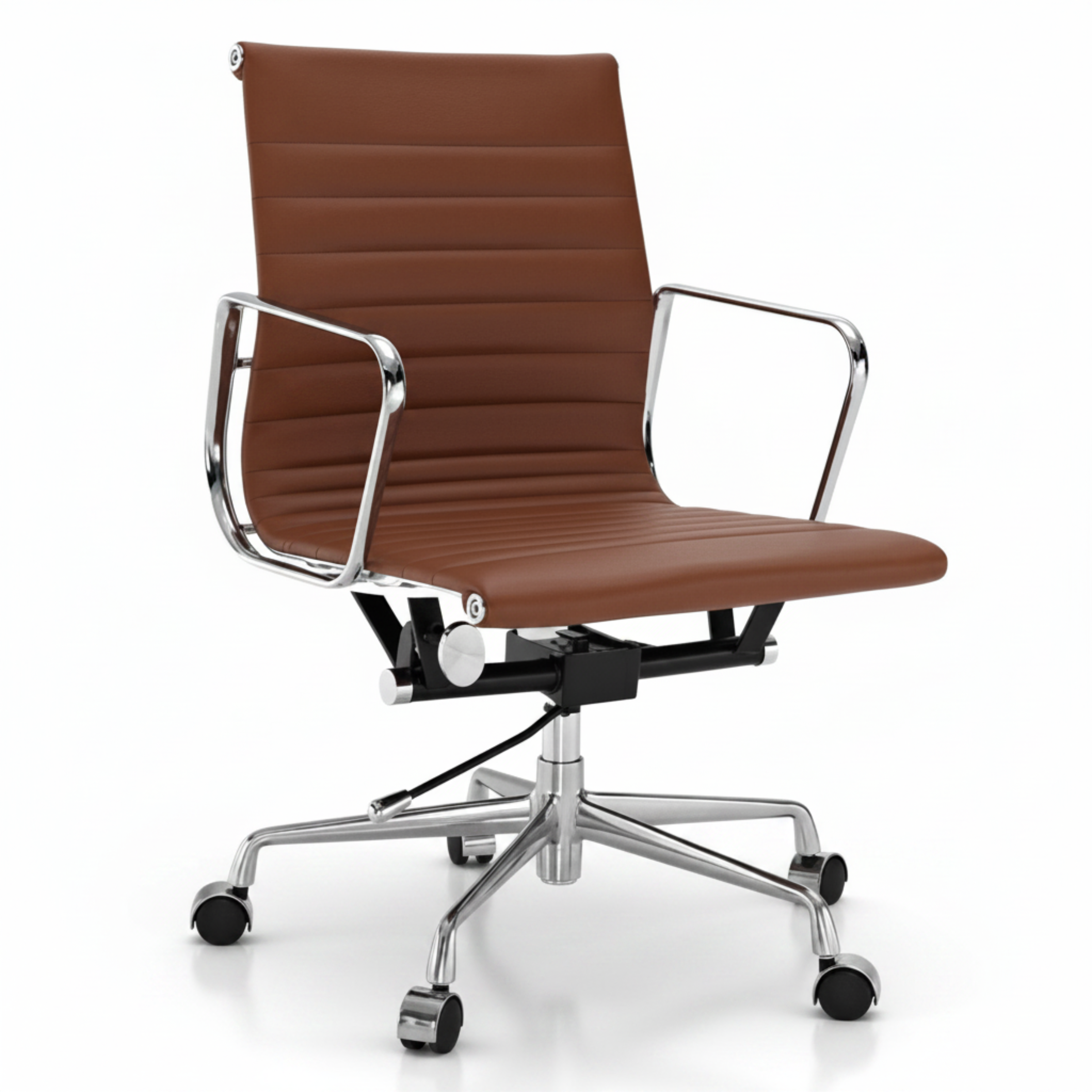 A modern office chair with a brown faux-leather seat and backrest, featuring chrome metal armrests