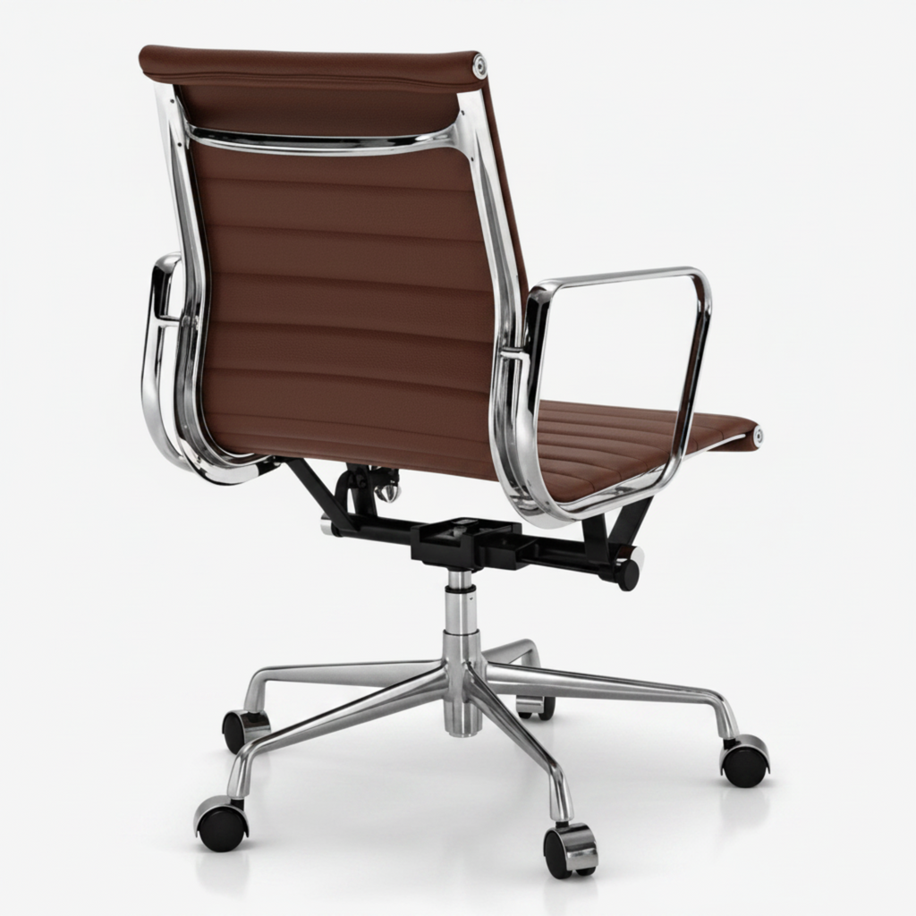 A modern office chair with brown padded upholstery and a polished chrome metal frame, base, and five-star wheel legs, shown on a light gray studio background.