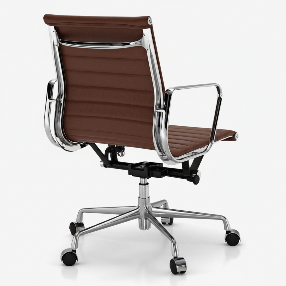 A modern office chair with brown padded upholstery and a polished chrome metal frame, base, and five-star wheel legs, shown on a light gray studio background.