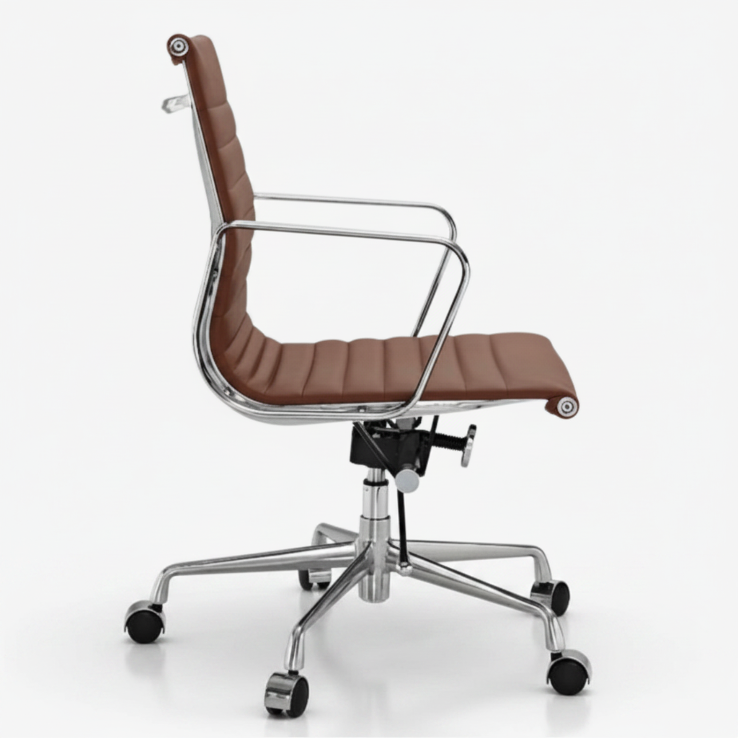 A modern office chair with a brown padded seat and backrest, supported by a chrome five-star base with black casters, shown against a plain white background.