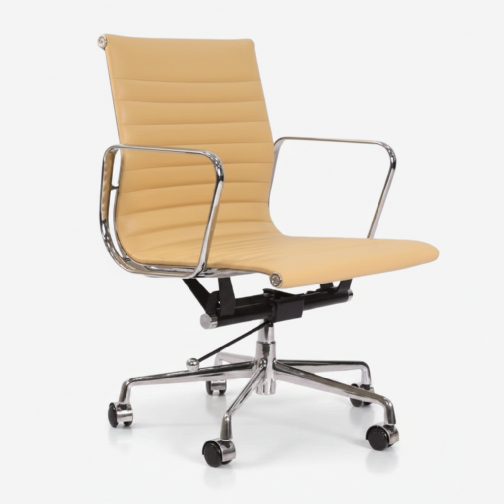 A modern office chair with a beige ribbed faux-leather seat and backrest, supported by a black gas-lift mechanism and a polished chrome five-star base