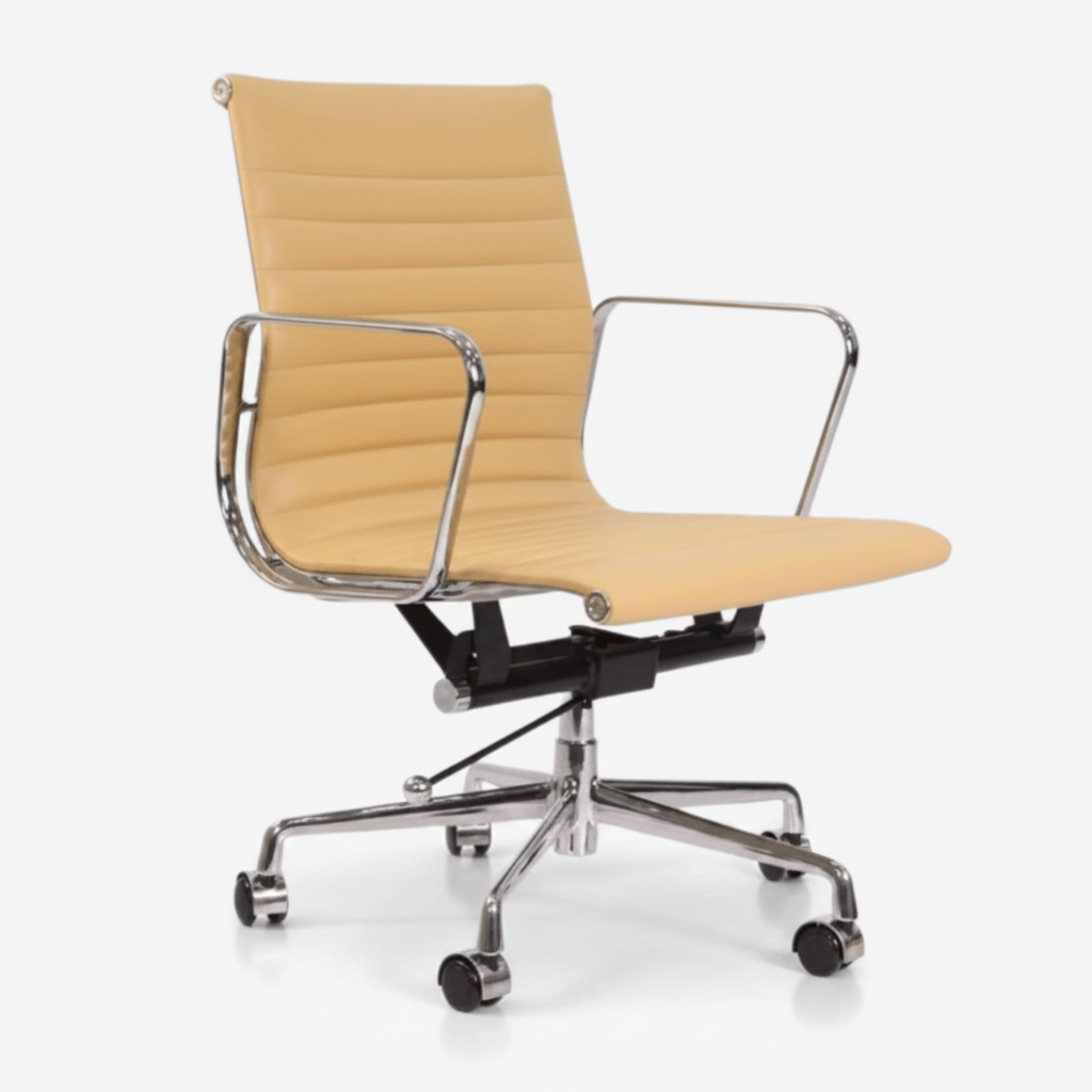 A modern office chair with a beige ribbed faux-leather seat and backrest, supported by a black gas-lift mechanism and a polished chrome five-star base
