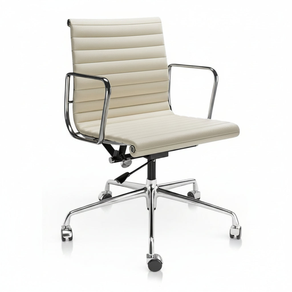 A modern office chair with a cream-colored padded seat and backrest, featuring a chrome-finished metal frame 