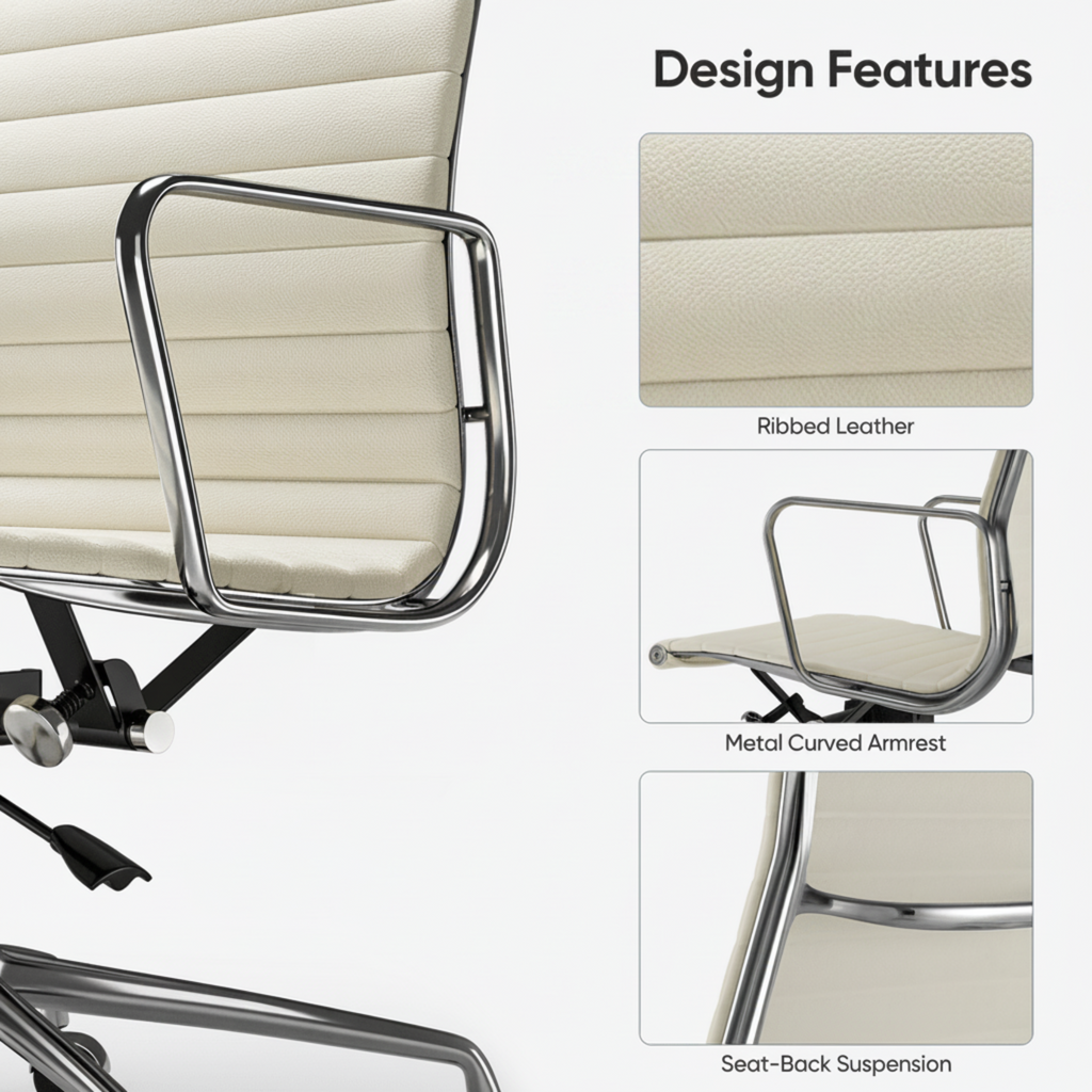 An office chair with cream ribbed leather upholstery and a polished chrome metal frame, shown alongside feature callouts labeled 'Design Features' including ribbed leather, metal curved armrest, and seat-back suspension.