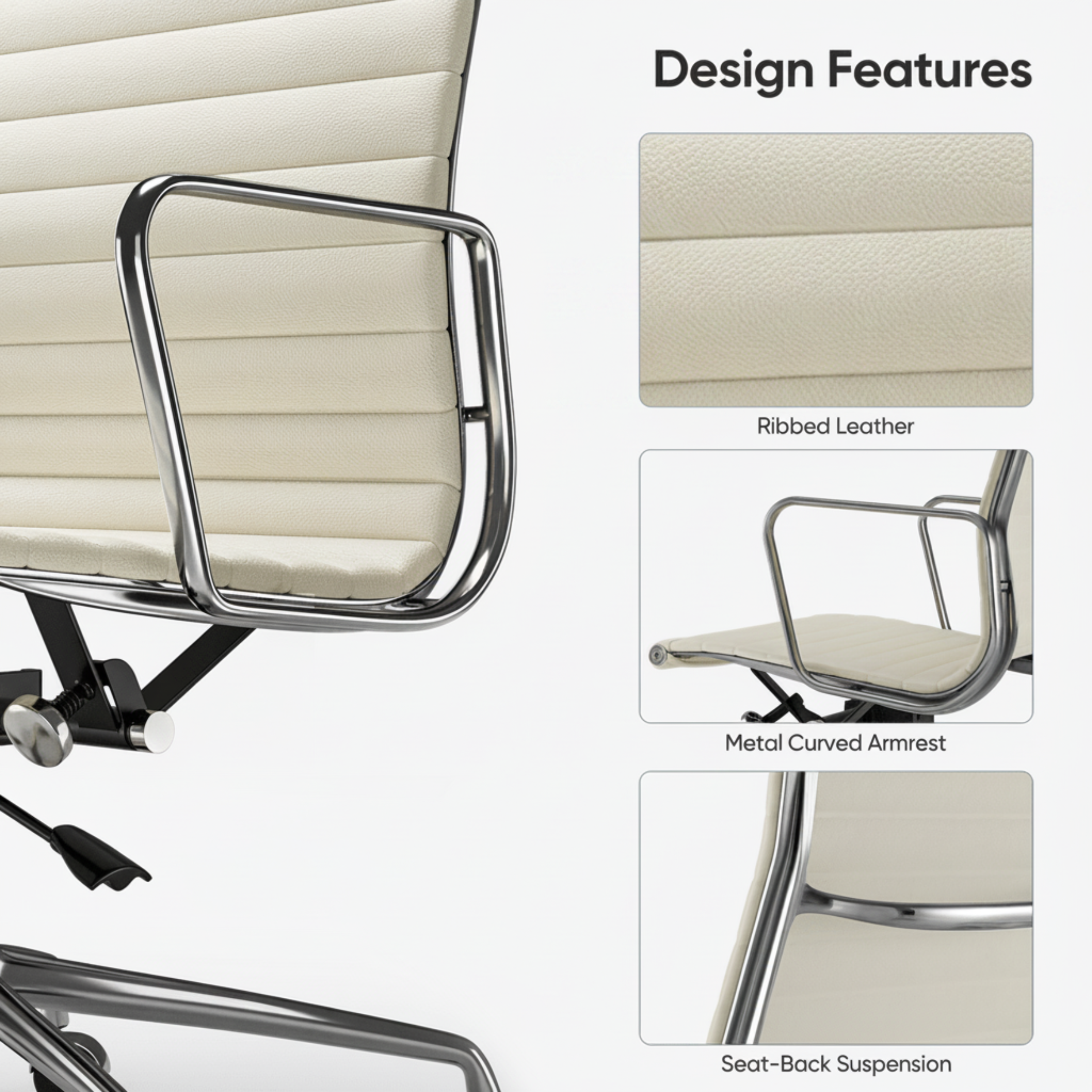 An office chair with cream ribbed leather upholstery and a polished chrome metal frame, shown alongside feature callouts labeled 'Design Features' including ribbed leather, metal curved armrest, and seat-back suspension.