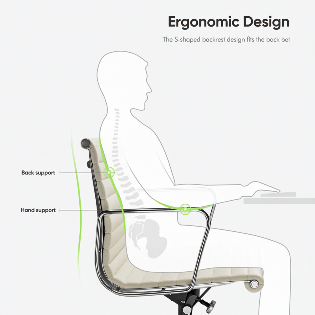 Ergonomic office chair design with labeled back and hand support on a white background