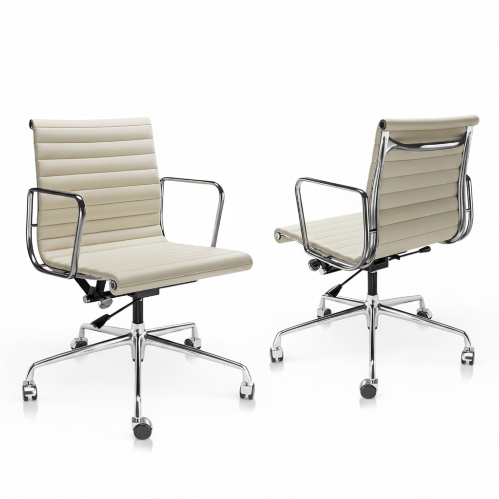 Two views of a modern office chair with cream-colored padded upholstery and a polished chrome five-star base on a white background.
