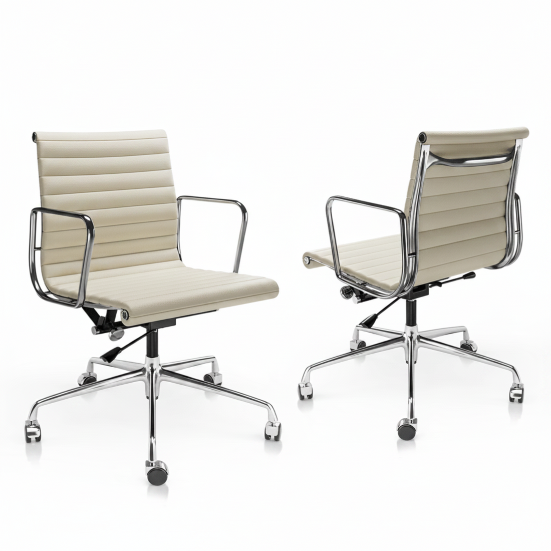 A modern office chair with a cream-colored padded seat and backrest, featuring a chrome-finished metal frame 
