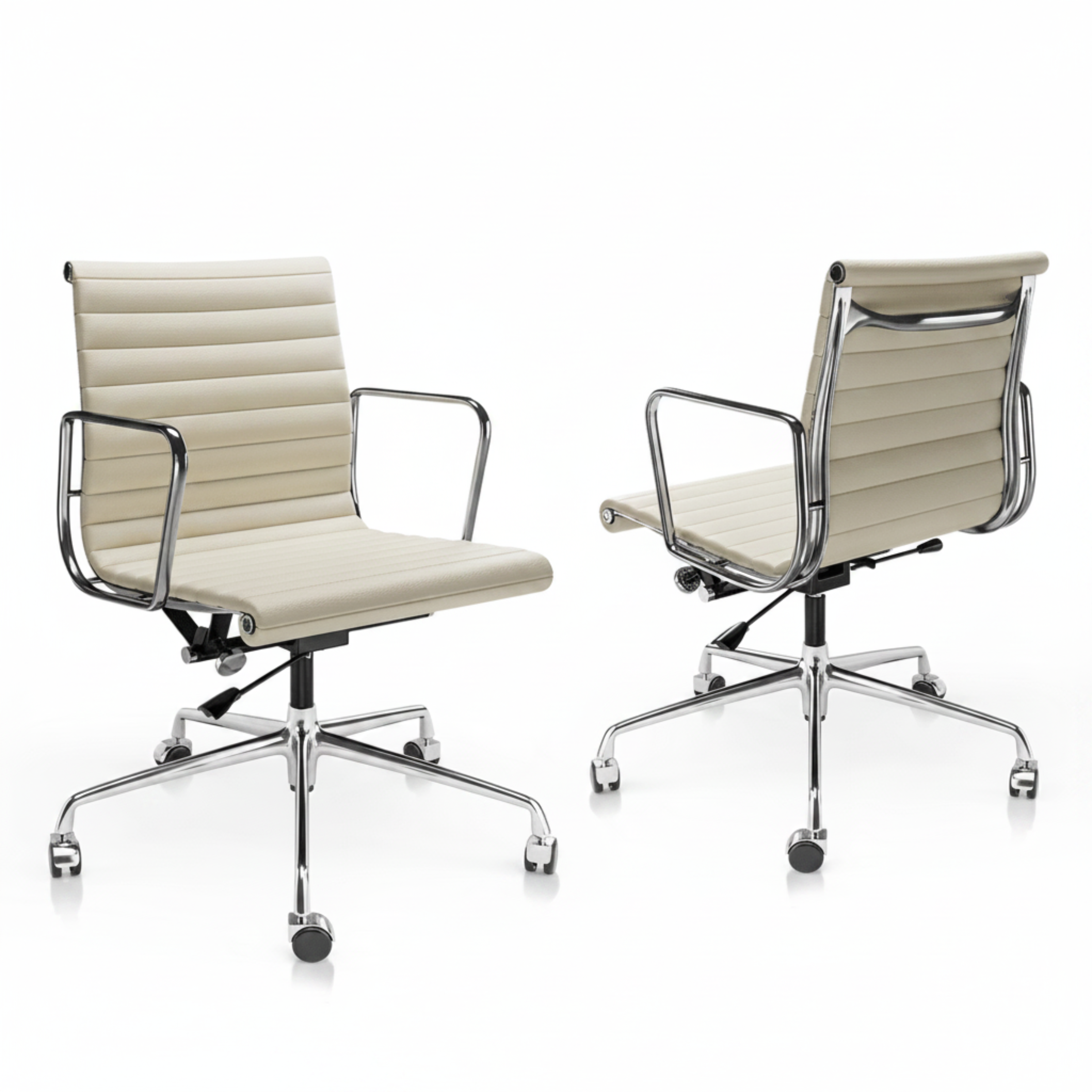 Two views of a modern office chair with cream-colored padded upholstery and a polished chrome five-star base on a white background.