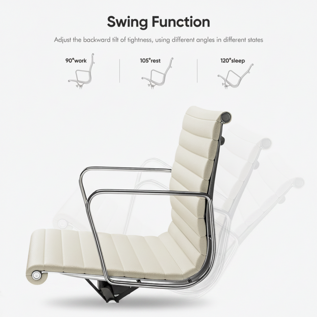 An office chair with cream-colored padded upholstery and a chrome metal frame, shown with a faint ghosted secondary chair behind it to illustrate the swing function.