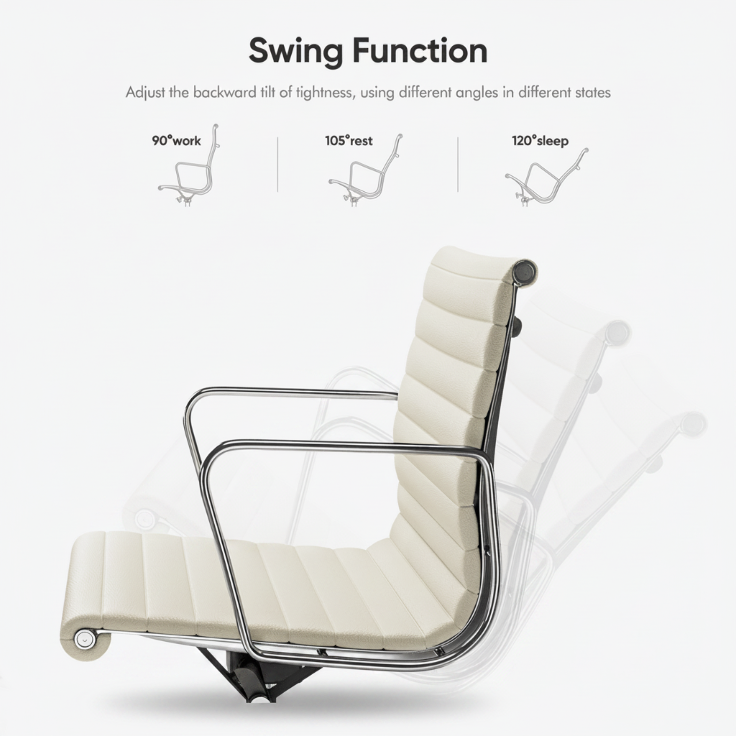 An office chair with cream-colored padded upholstery and a chrome metal frame, shown with a faint ghosted secondary chair behind it to illustrate the swing function.
