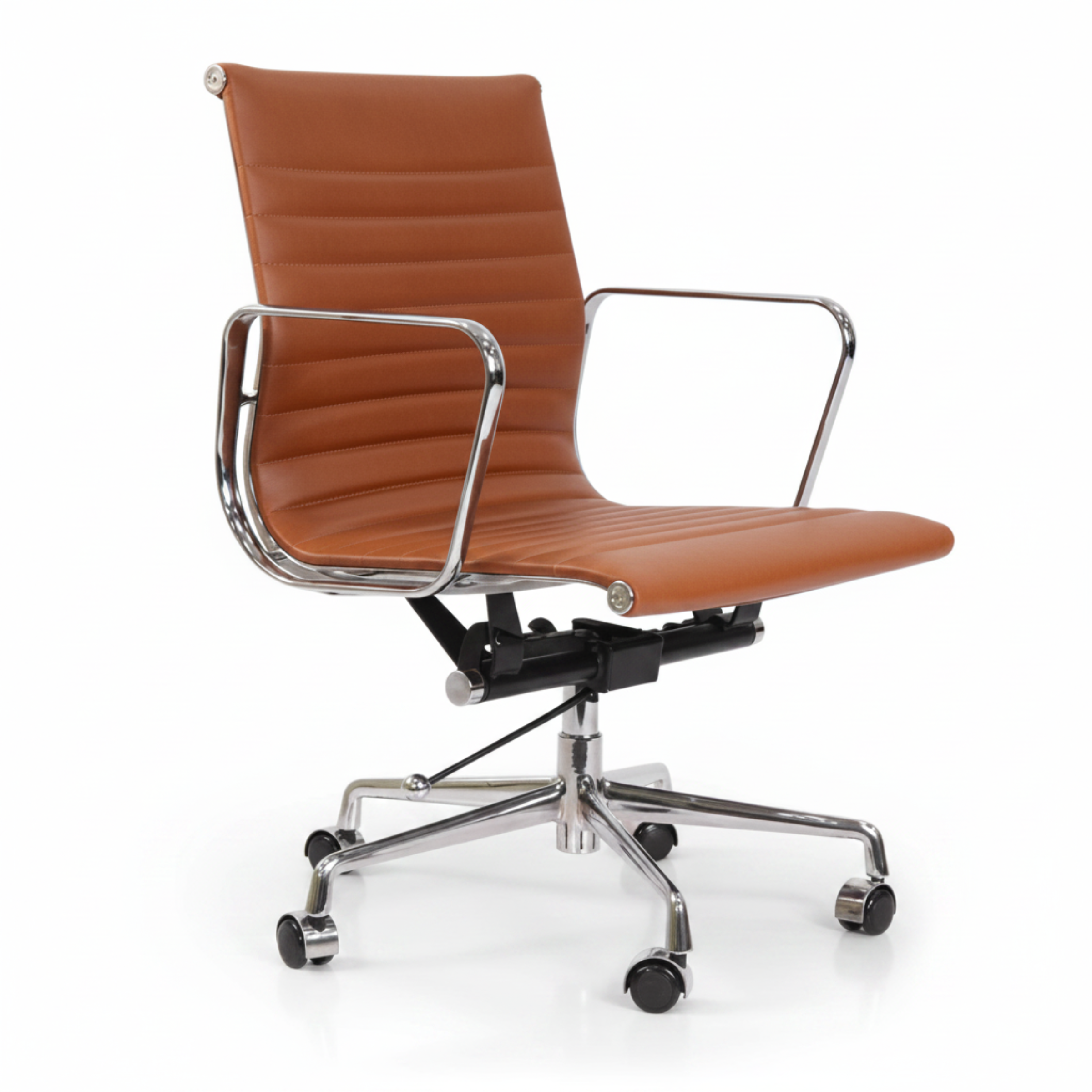 A modern office chair with a curved, ribbed cognac brown faux leather seat and backrest, supported by a chrome-finished metal frame
