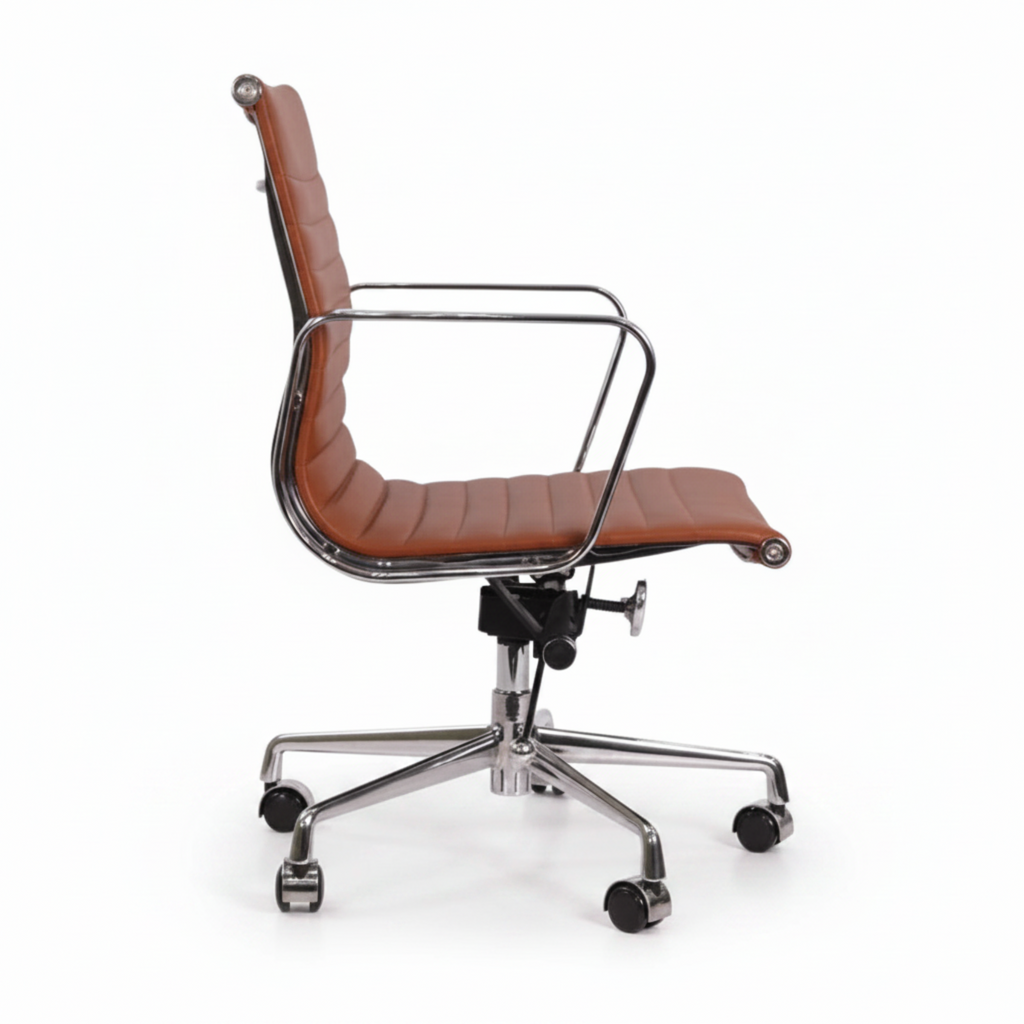 Brown faux leather office chair with a high back, chrome tubular frame, and a five-star swivel base with casters
