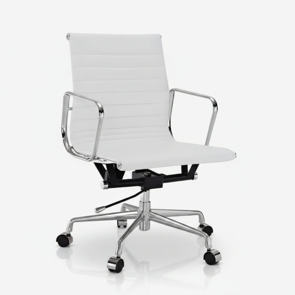 A modern white office chair with a ribbed upholstered seat and backrest, chrome metal armrests and base