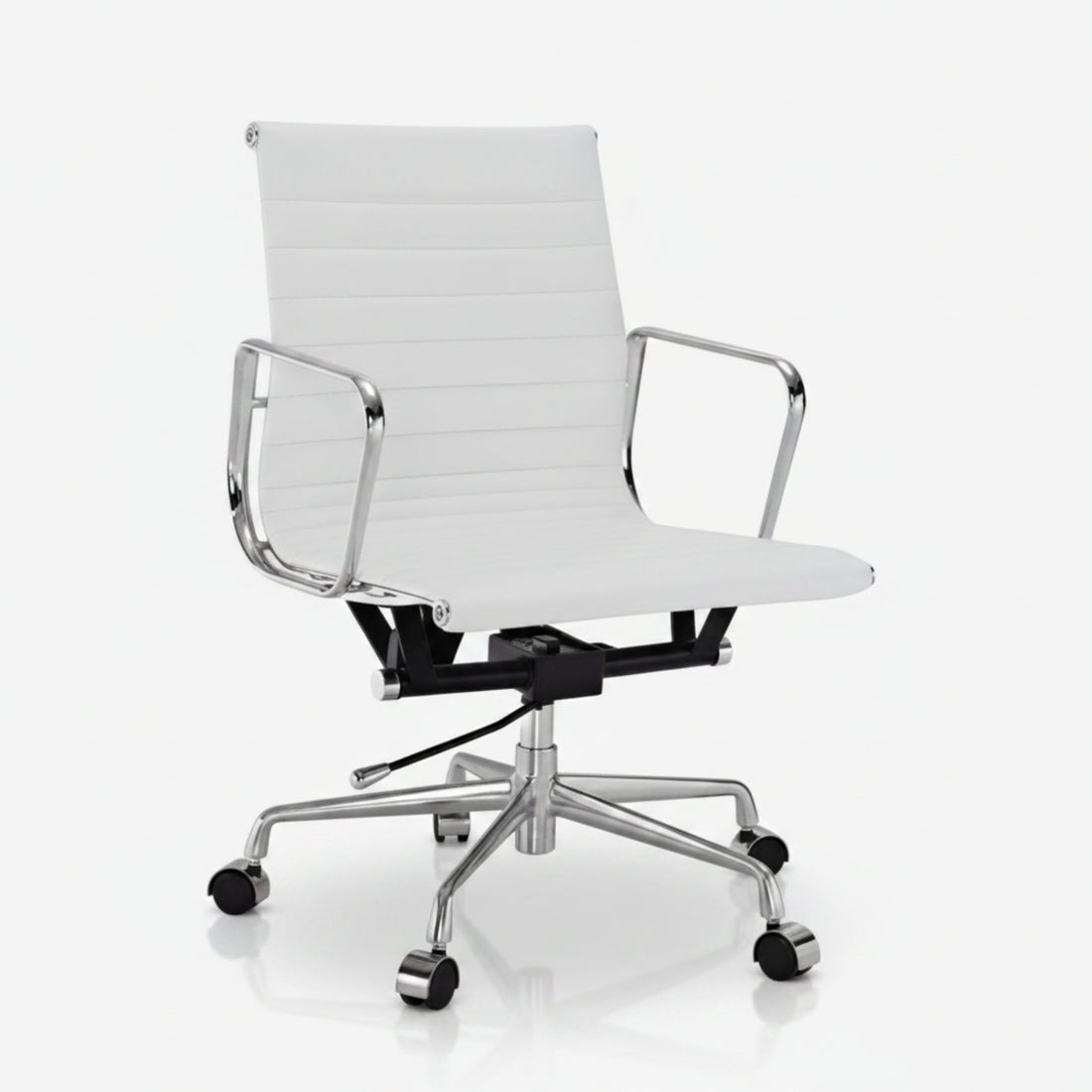 A modern white office chair with a ribbed upholstered seat and backrest, chrome metal armrests and base