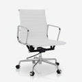 A modern white office chair with a ribbed upholstered seat and backrest, chrome metal armrests and base