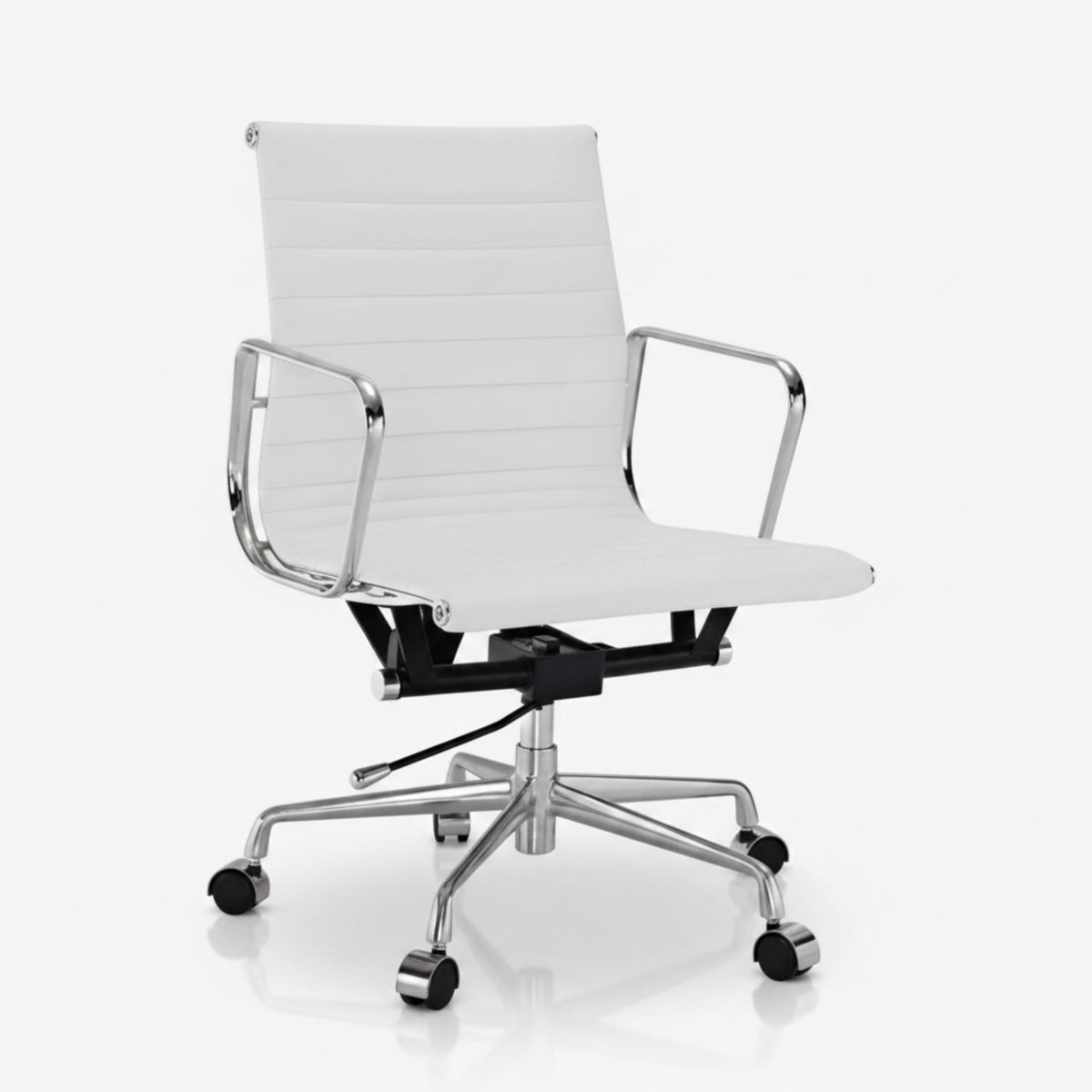 A modern white office chair with a ribbed upholstered seat and backrest, chrome metal armrests and base