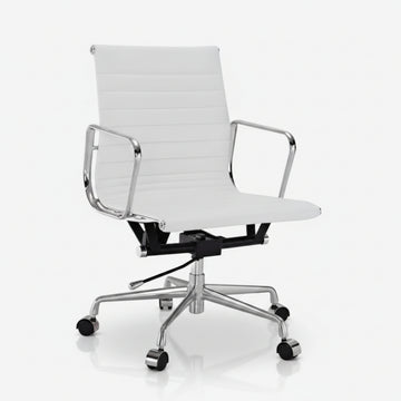 A modern white office chair with a ribbed upholstered seat and backrest, chrome metal armrests and base