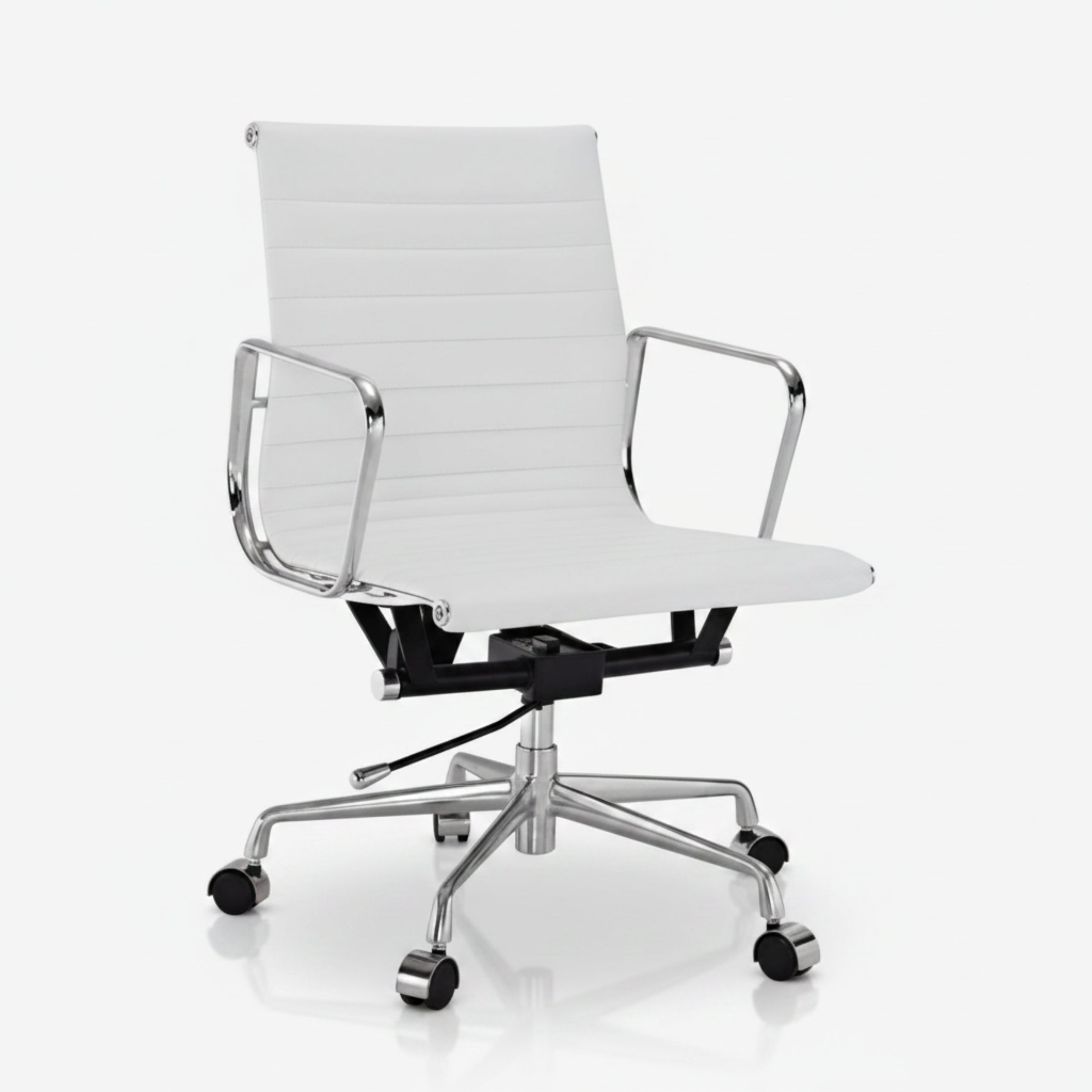 A modern white office chair with a ribbed upholstered seat and backrest, chrome metal armrests and base