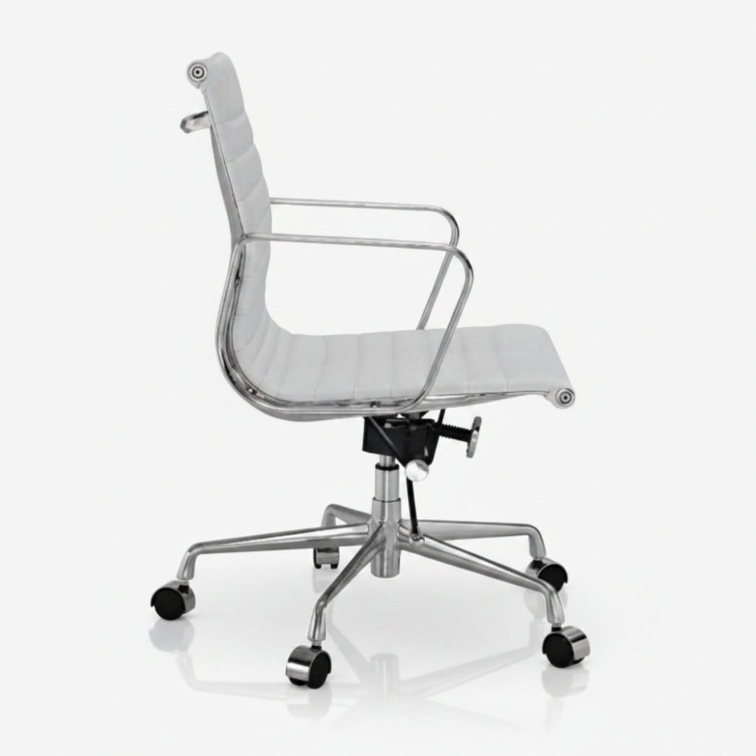 A modern white office chair with a ribbed upholstered seat and backrest, chrome metal armrests and base