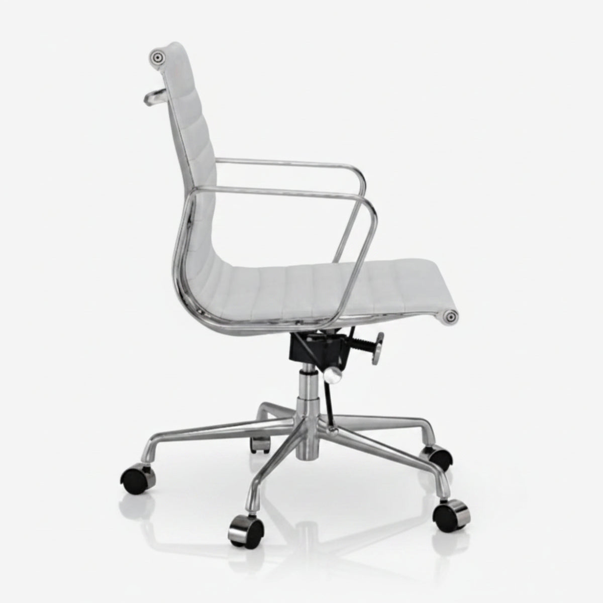 A modern office chair with a white padded seat and backrest, supported by a polished chrome five-star base