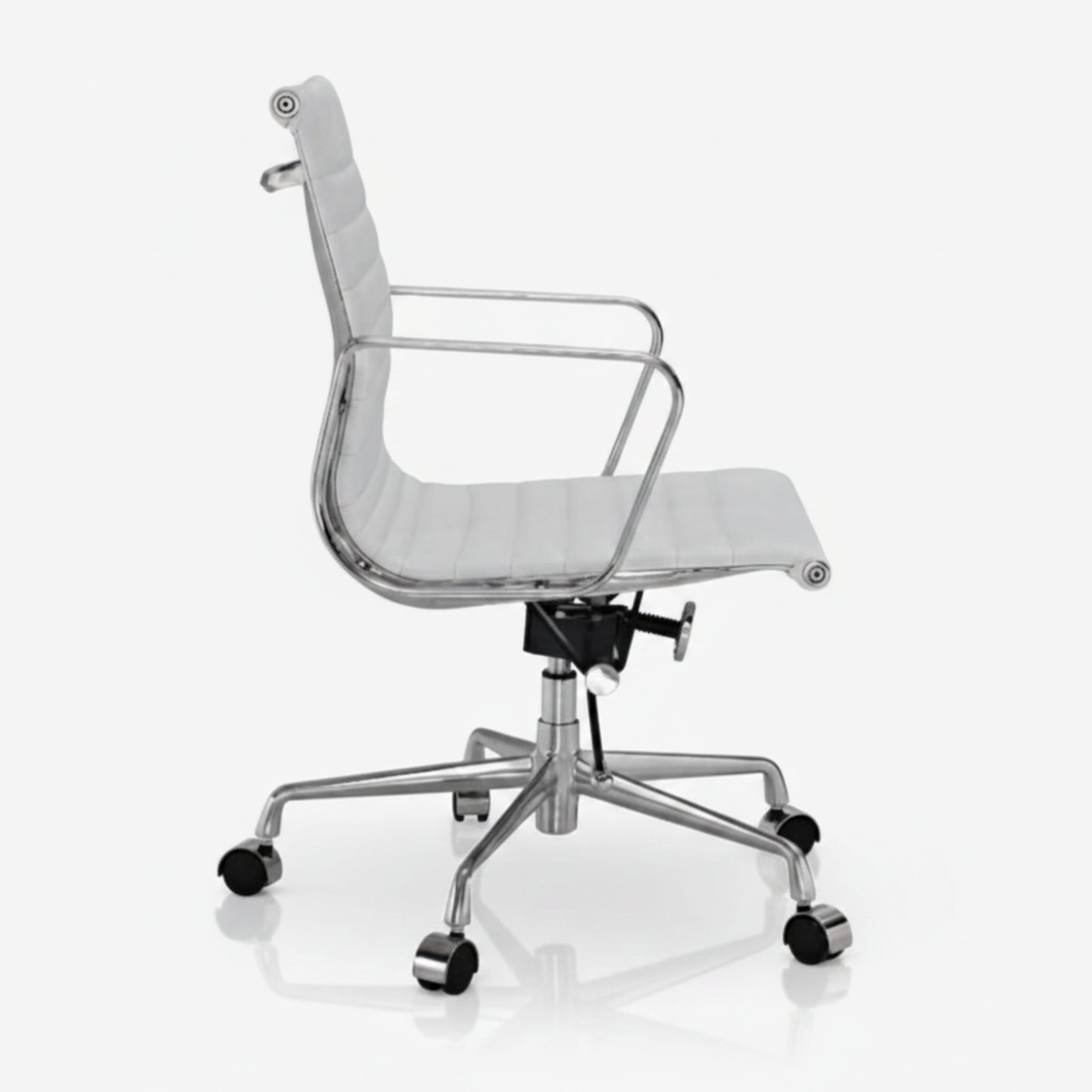 A modern office chair with a white padded seat and backrest, supported by a polished chrome five-star base
