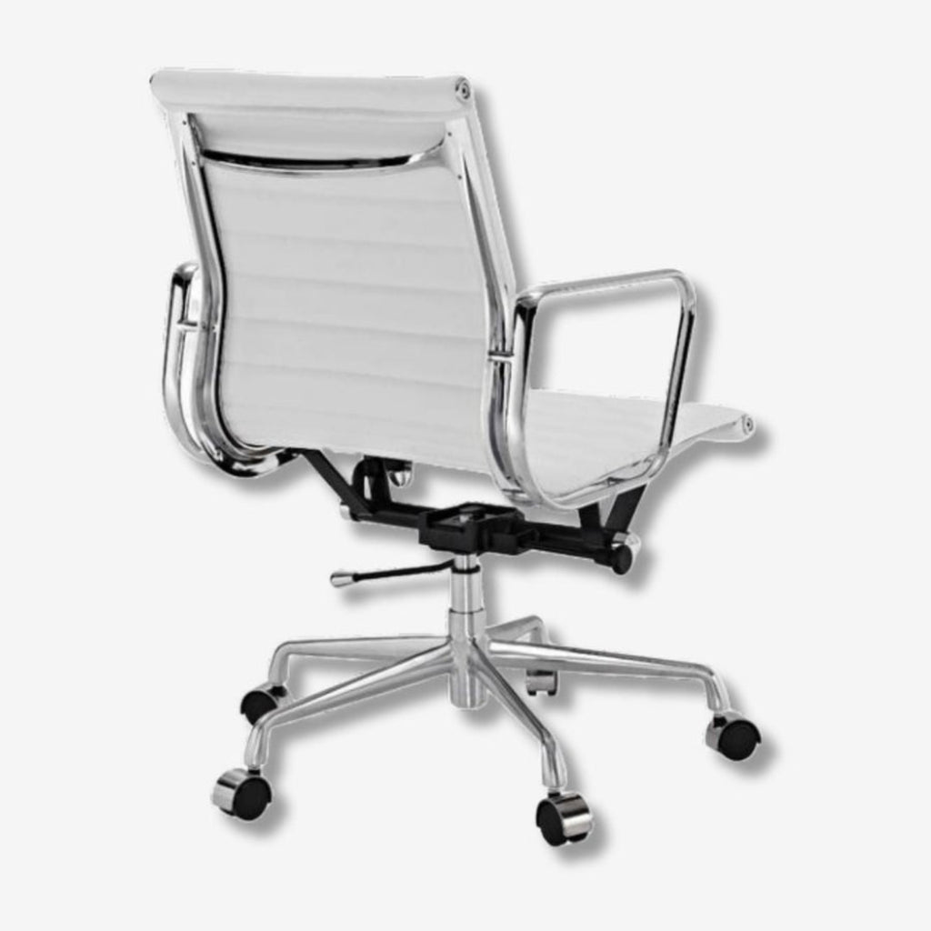 Modern office chair with white mesh backrest and chrome frame on a white background