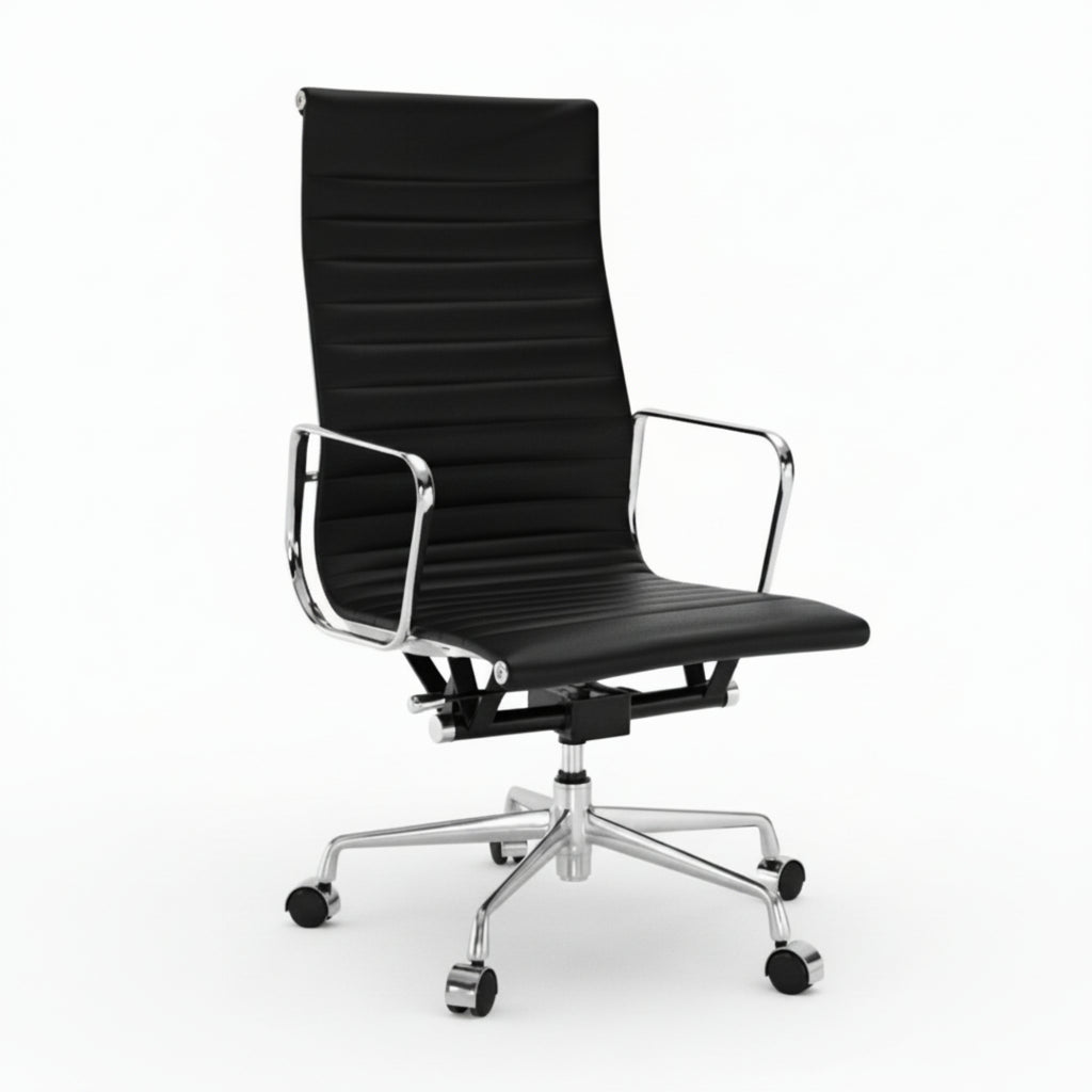 A modern high-back office chair with a black ribbed faux leather seat and backrest, supported by a chrome five-star base