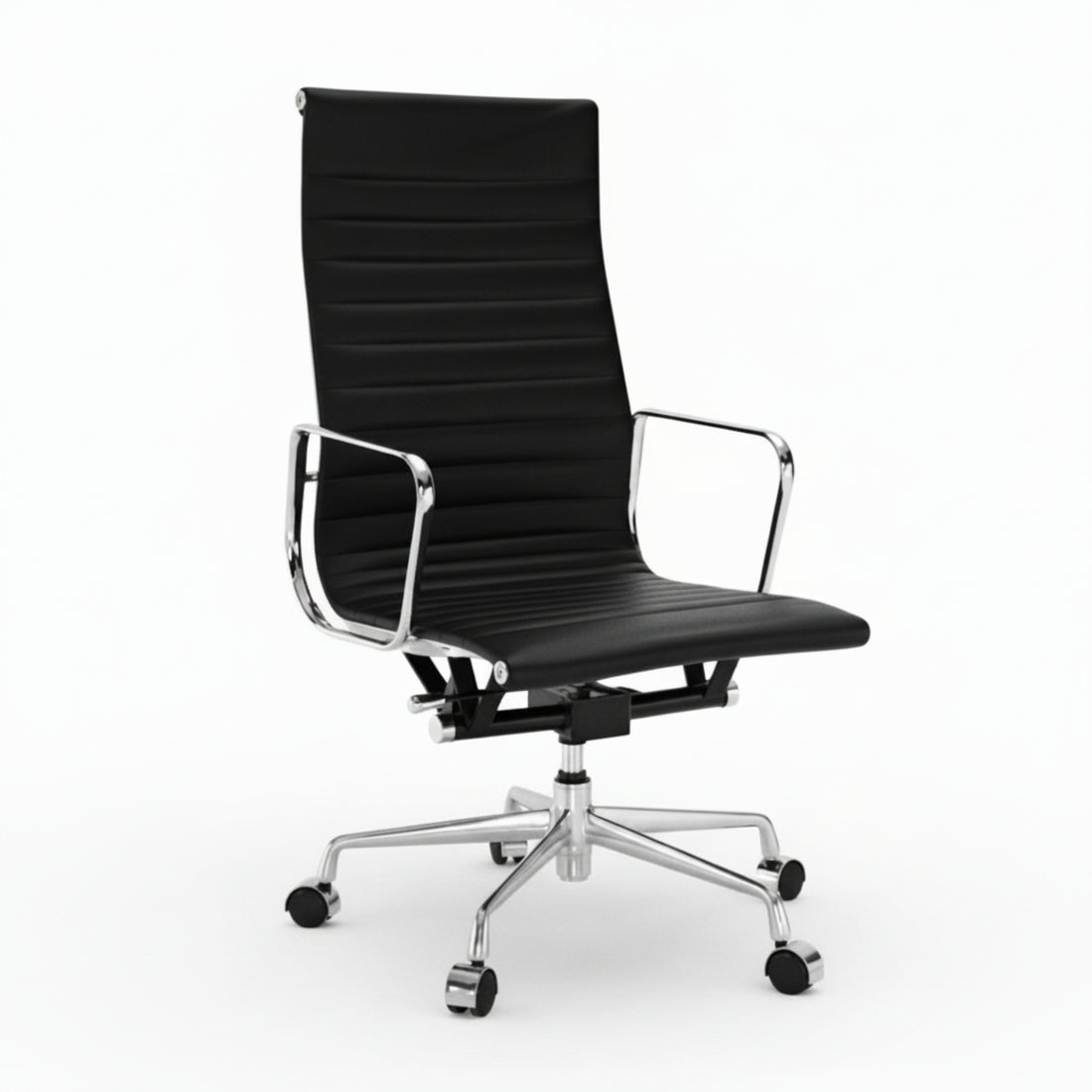 A modern high-back office chair with a black ribbed faux leather seat and backrest, supported by a chrome five-star base