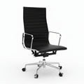 A modern high-back office chair with a black ribbed faux leather seat and backrest, supported by a chrome five-star base