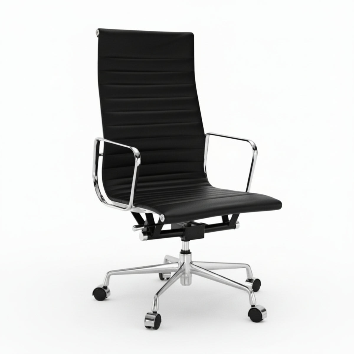 A modern high-back office chair with a black ribbed faux leather seat and backrest, supported by a chrome five-star base