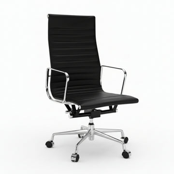 A modern high-back office chair with a black ribbed faux leather seat and backrest, supported by a chrome five-star base