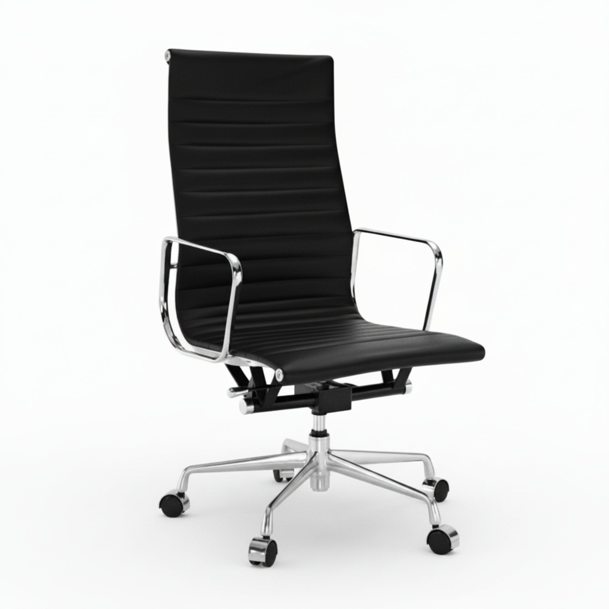 A modern high-back office chair with a black ribbed faux leather seat and backrest, supported by a chrome five-star base