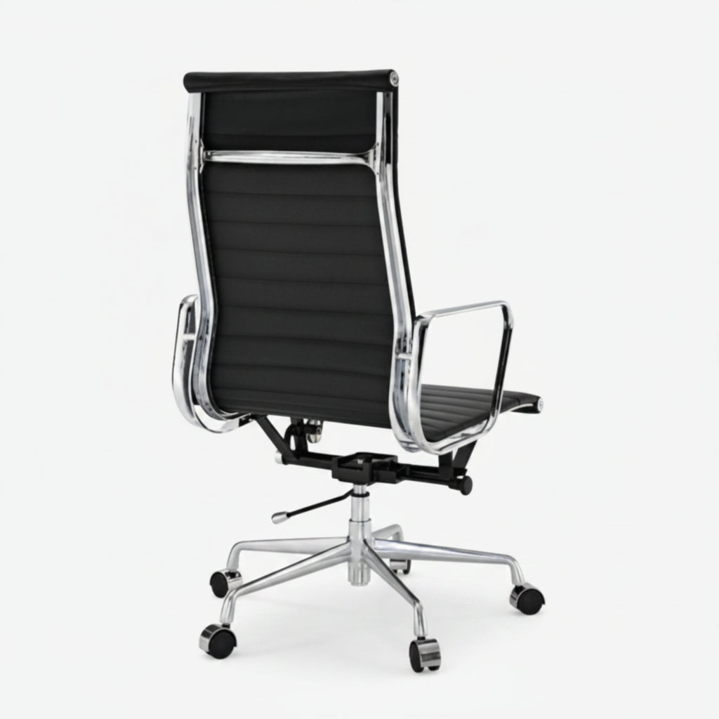 Black office chair with chrome frame on a white background eames_thin_pad_ribbed_office_chair_ea_119_high_back_black_1