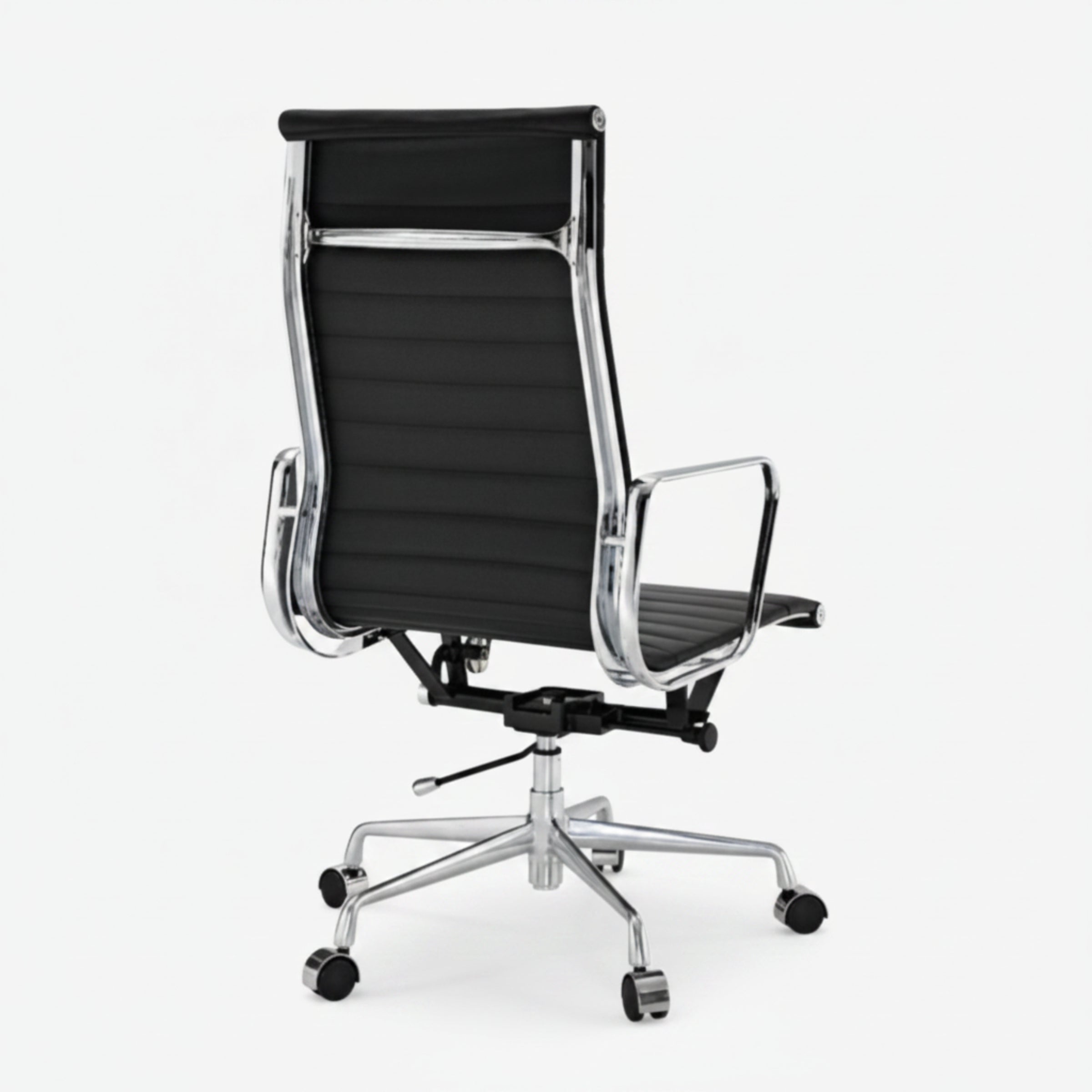 Black office chair with chrome frame on a white background eames_thin_pad_ribbed_office_chair_ea_119_high_back_black_1