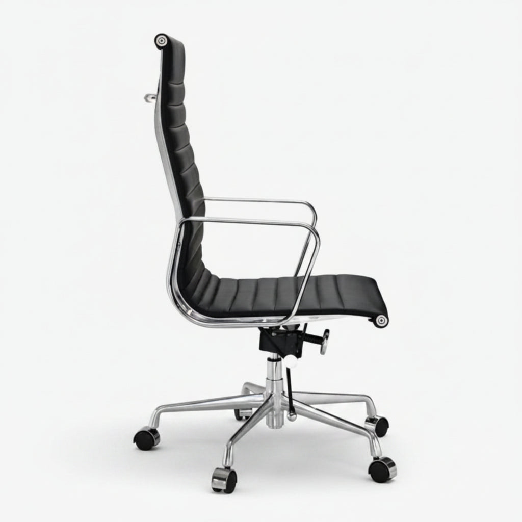 Black office chair with chrome frame on a white background eames_thin_pad_ribbed_office_chair_ea_119_high_back_black_1