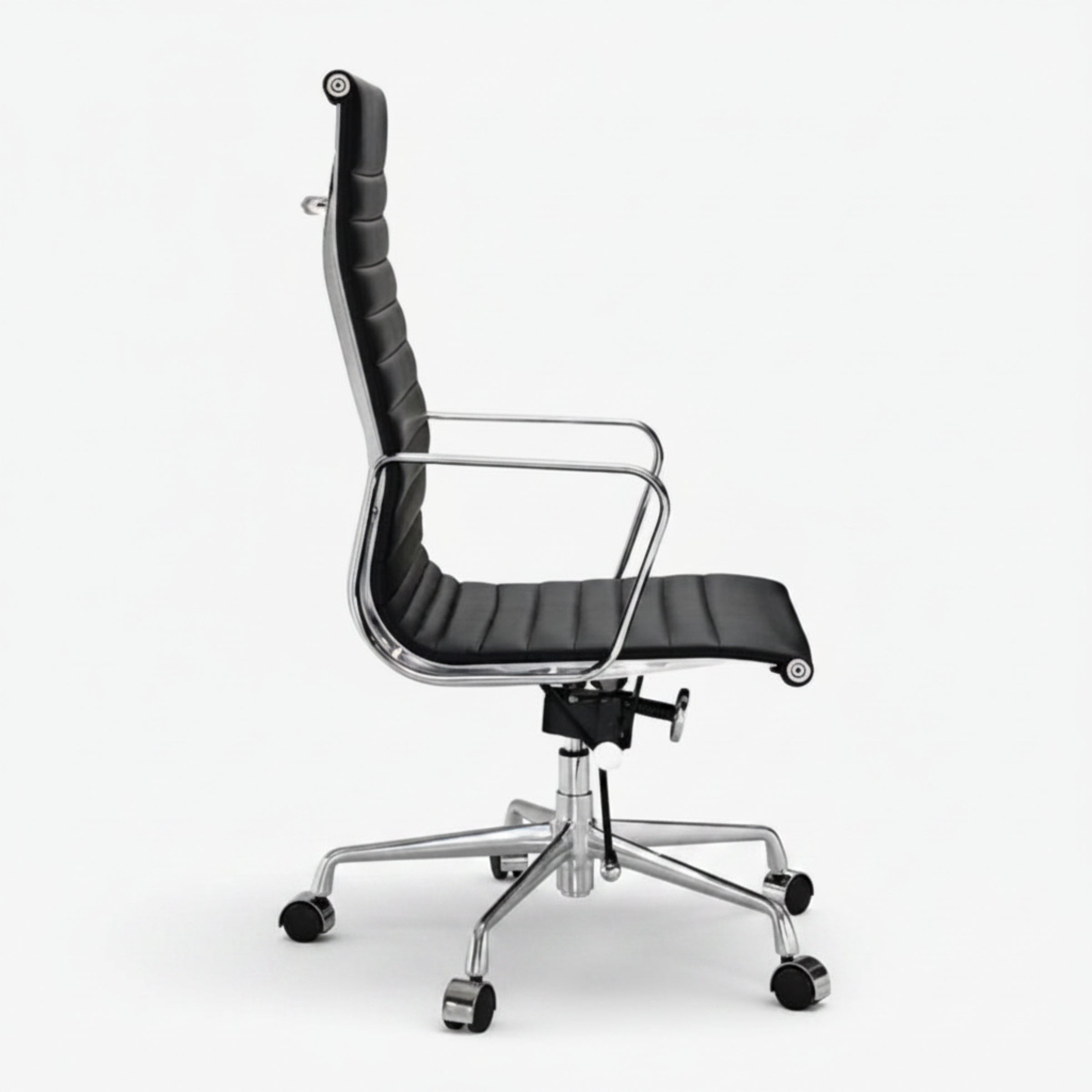 Black office chair with chrome frame on a white background eames_thin_pad_ribbed_office_chair_ea_119_high_back_black_1