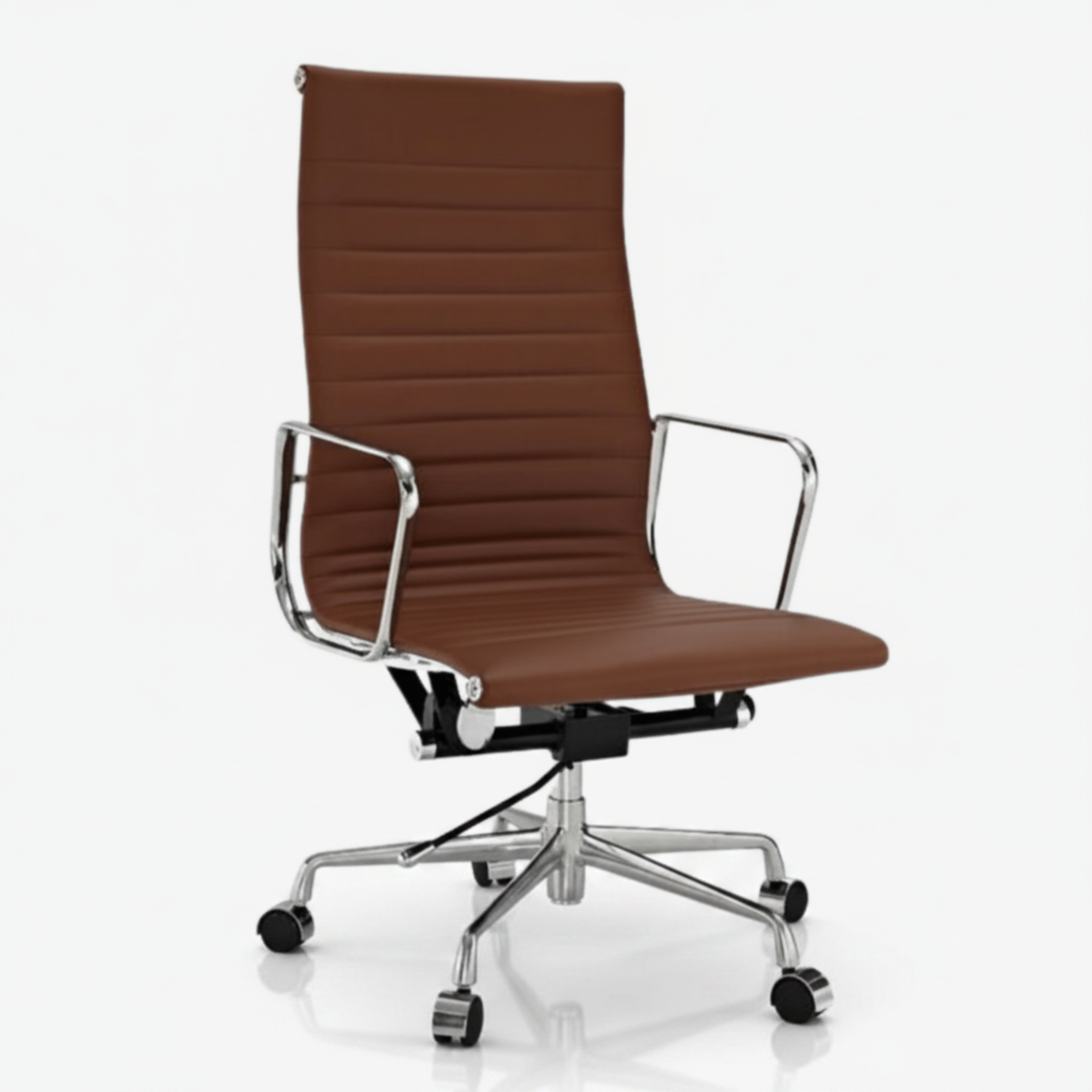 A modern high-back office chair with a brown ribbed faux-leather seat and backrest, supported by a chrome five-star base with black casters.