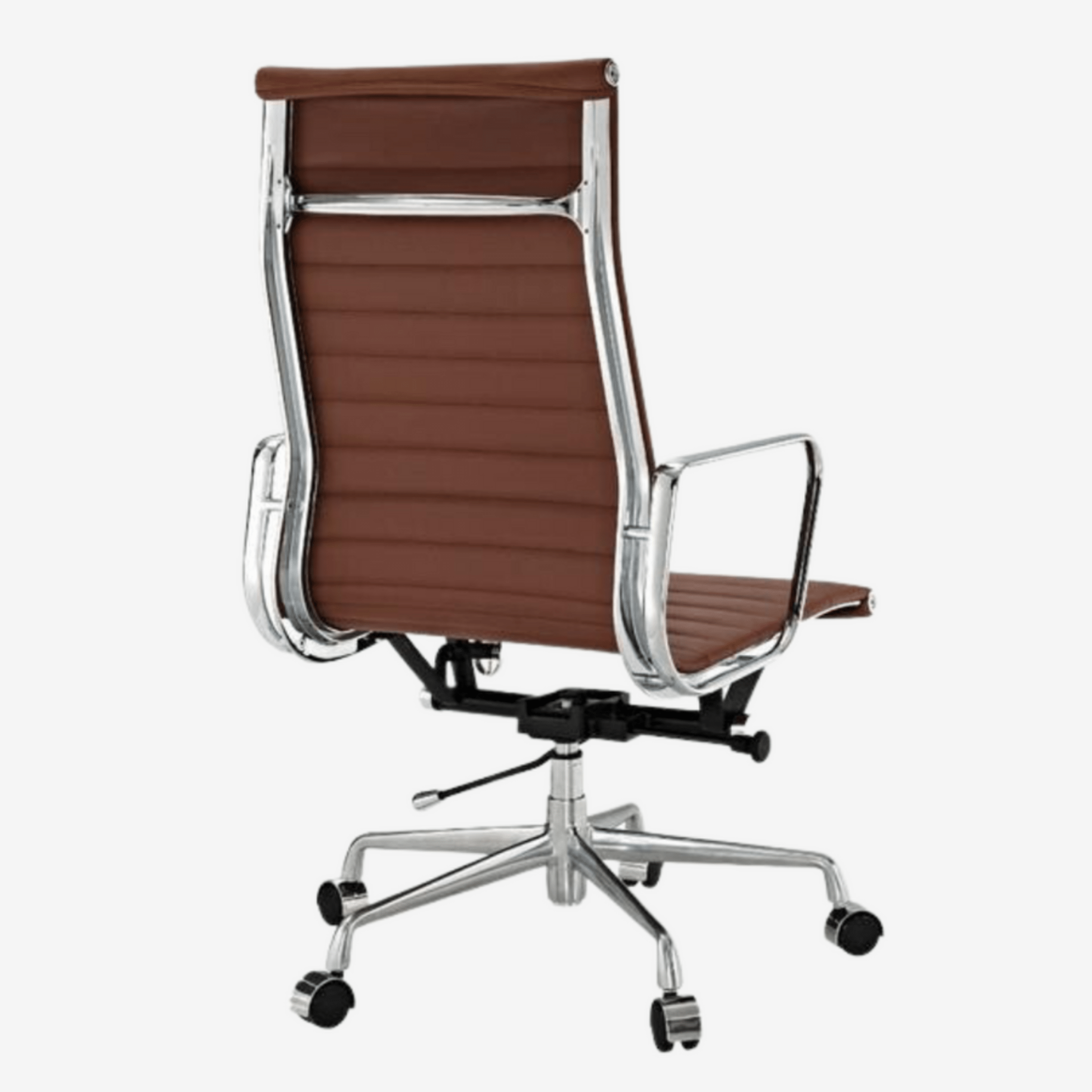 A high-back office chair with brown leatherette upholstery and a polished chrome metal frame, armrests, and a five-star wheeled base