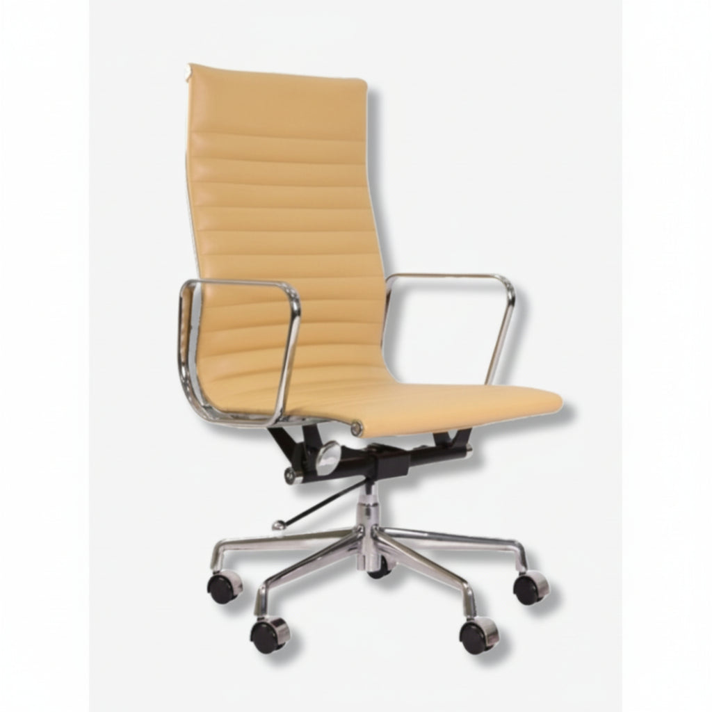A modern office chair with a tall, vertically ribbed beige faux-leather backrest and seat