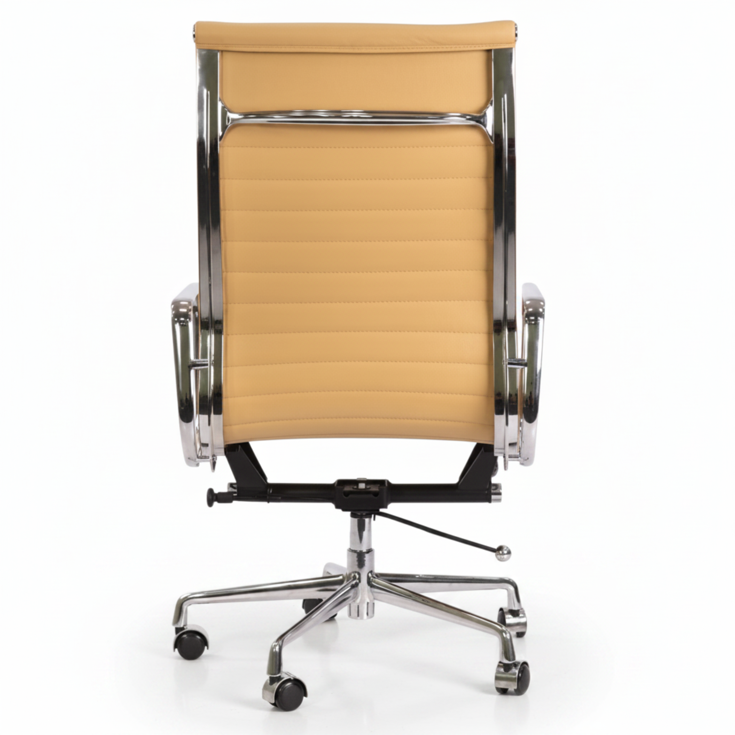 A modern office chair with a tan padded seat and backrest, supported by a polished chrome five-star base with casters.