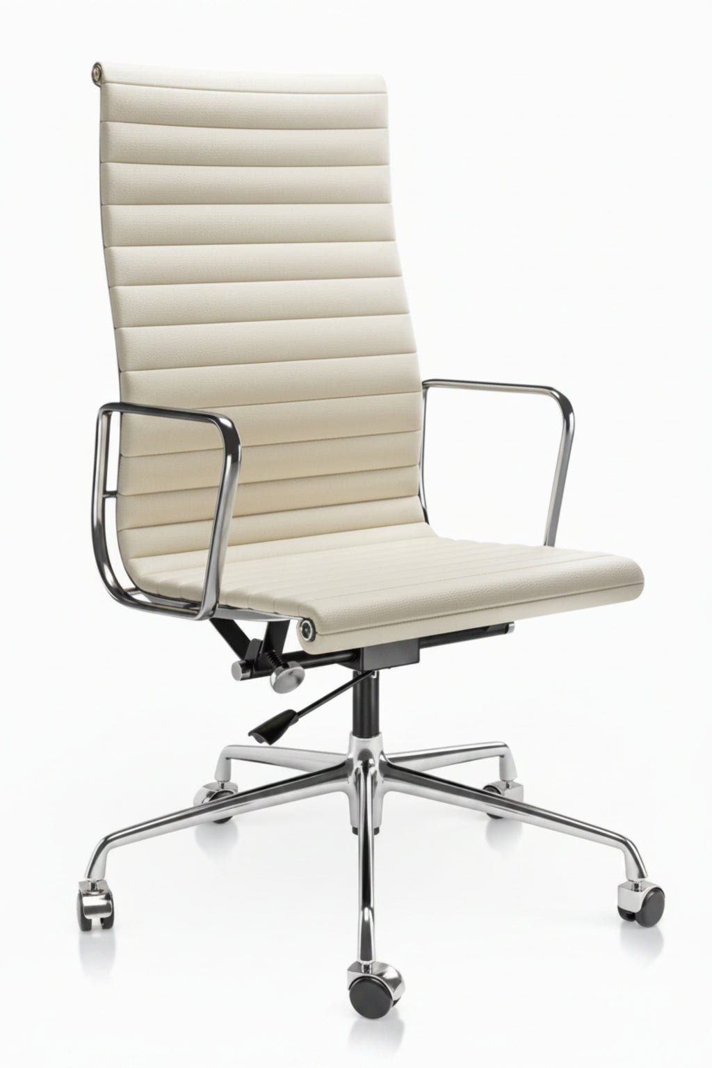 Beige office chair with a high backrest on a white background