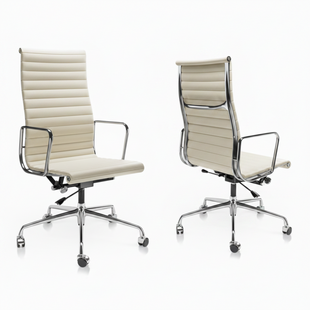 Two views of an office chair with a cream-colored ribbed faux leather seat and backrest, supported by a chrome five-star base with casters.