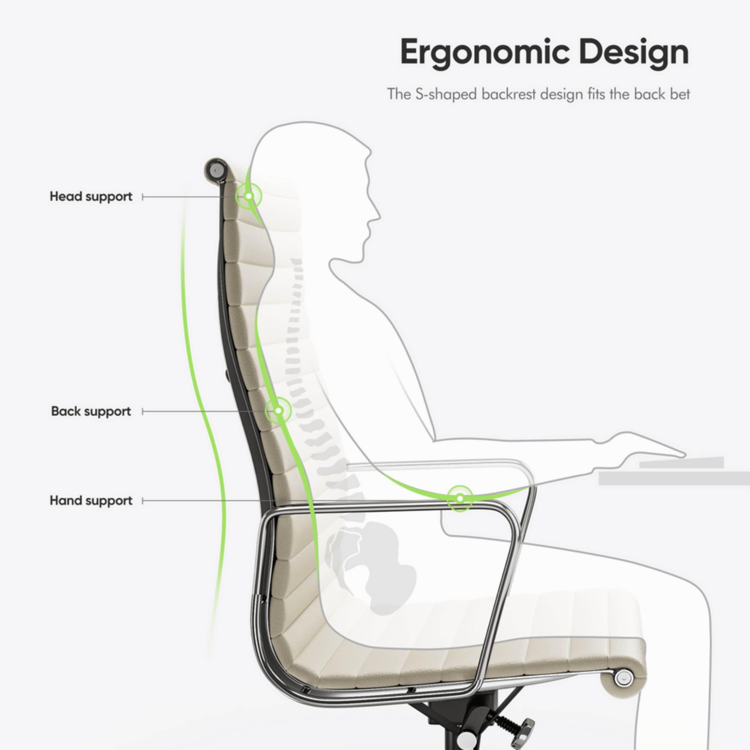 Ergonomic chair design diagram with labeled support points on a white background